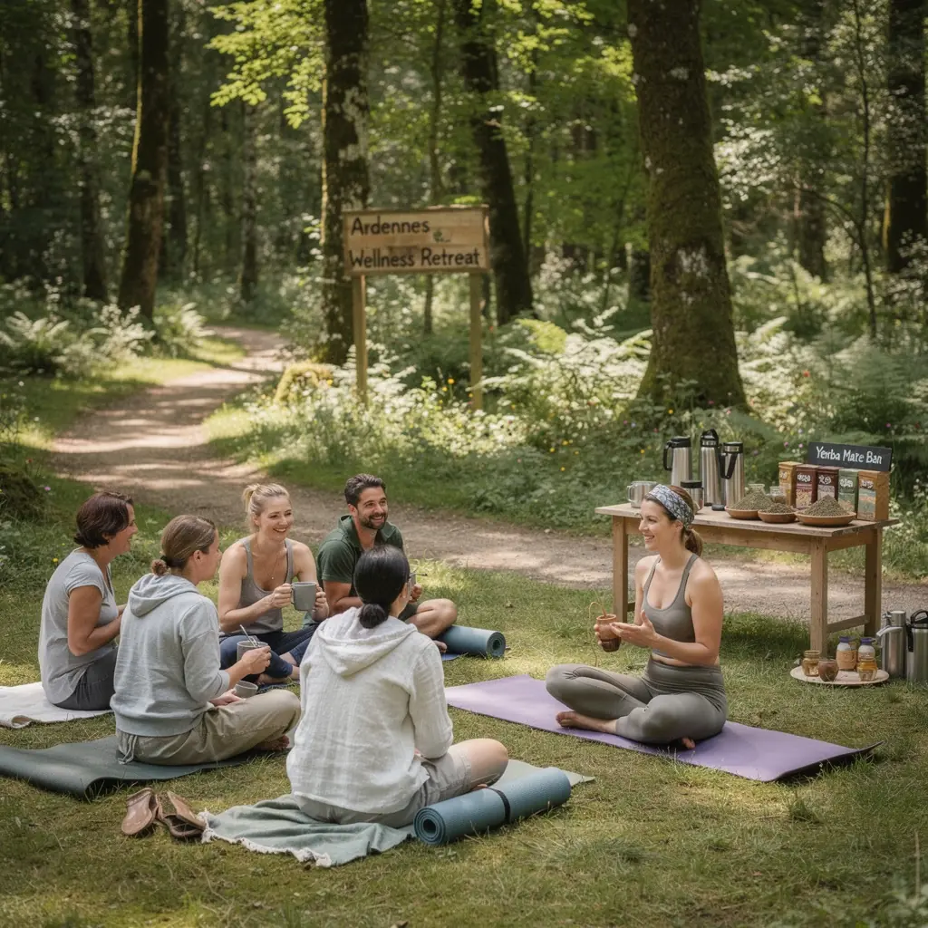Un groupe d'amis partage une calebasse de yerba mate dans un parc ensoleillГ©.