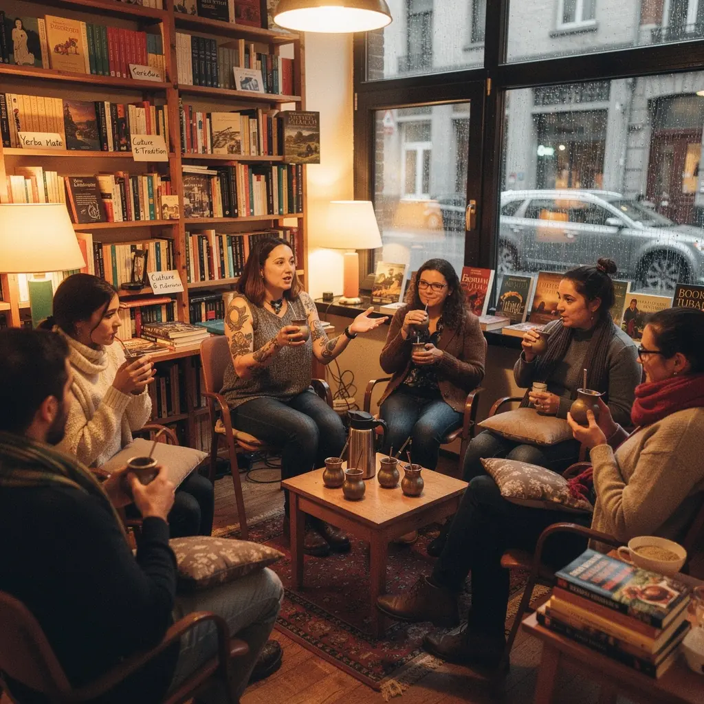 Tasse de yerba mate fumante sur une table en bois, entourГ©e de feuilles vertes.